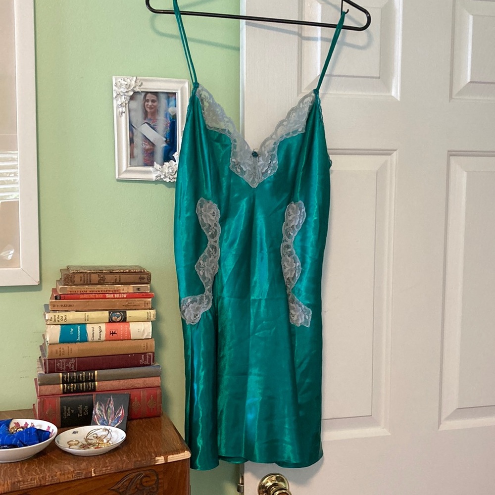 Teal Val Mode satin lace lingerie slip dress chemise